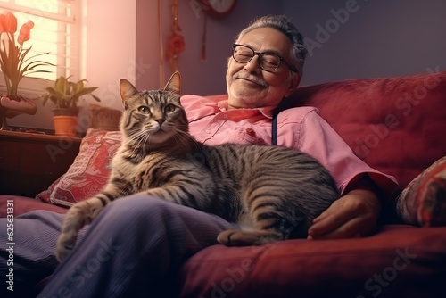 Old man in eyeglases with his cat at home. photo