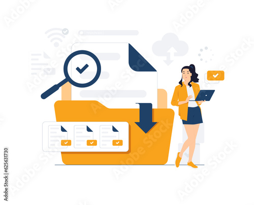 Woman with laptop uses magnifying glass search file binders, yellow folder with documents. searching file, data storage, File manager and indexing concept illustration