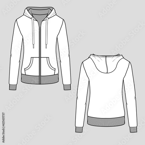 Womens Regular Zipper hoodie sweatshirt drawstring kangaroo pocket rib cuff hem autumn winter fashion cad mock up flat sketch technical drawing design vector