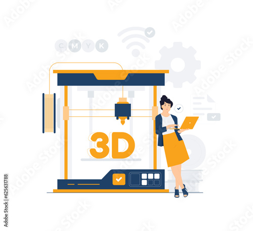 Woman engineer prints on 3d printer. 3D Printing technology, Prototyping Industry, Professional equipment for advertising agency. Designer develops models on computer concept illustration