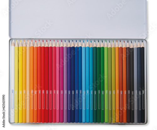 Caja de lápices de colores, vista superior sin fondo. photo