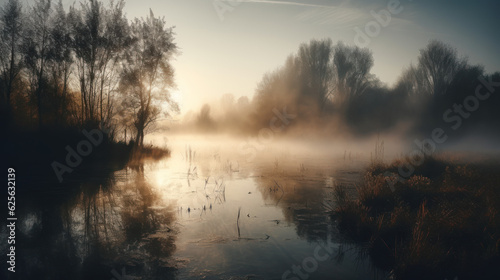 misty sunrise over lake, with reflections of trees and water.
