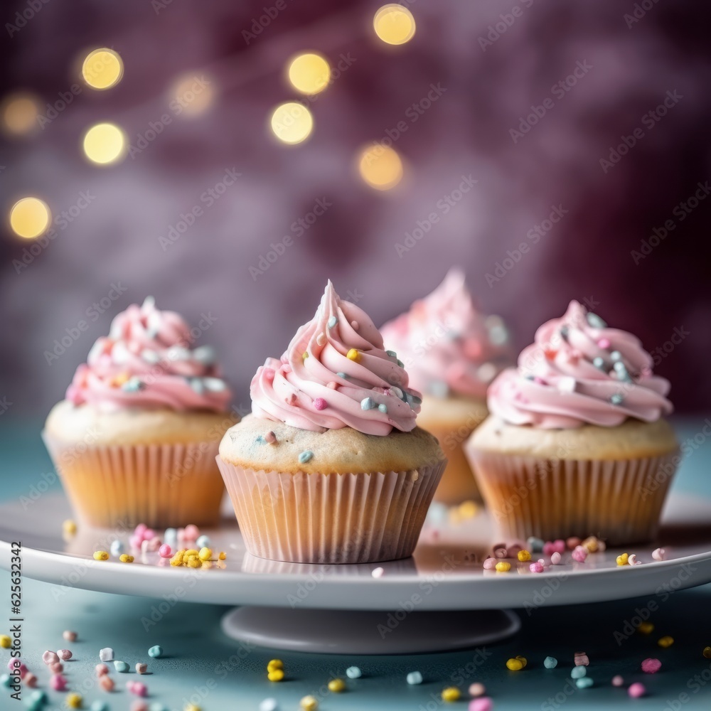 Illustration of colorful cupcakes with pink frosting and sprinkles created with Generative AI technology