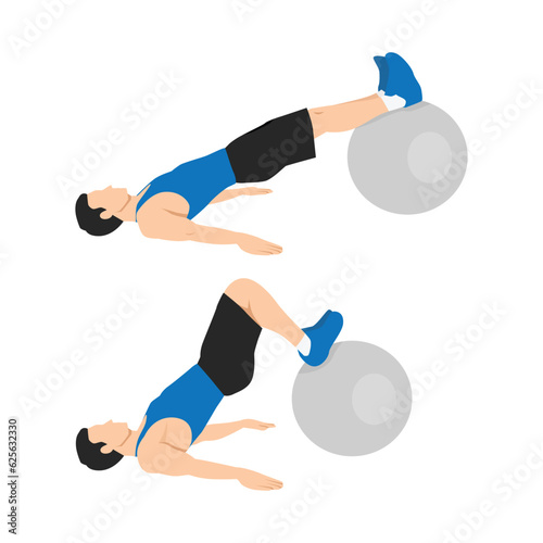 Man doing stability or swiss ball hamstring leg curl, or hip raise or bridge. Flat vector illustration isolated on white background