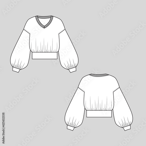 Womens Sweatshirt drop shoulder Balloon Sleeve Gathering V Neck Self Fabric hem  fashion Sweatshirt flat sketch cad mock up technical drawing template design vector 