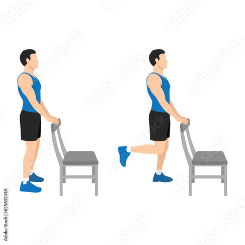 Man doing standing chair or supported hamstring curls exercise. Flat vector illustration isolated on white background