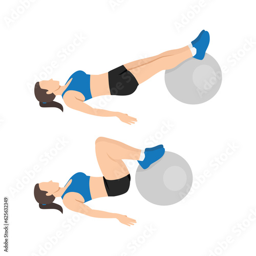 Woman doing stability or swiss ball hamstring leg curl, or hip raise or bridge. Flat vector illustration isolated on white background