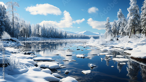 idyllic sunny winter day at a landscape with a frozen lake