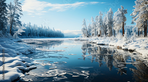 idyllic sunny winter day at a landscape with a frozen lake © bmf-foto.de
