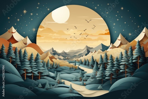 A mountain scene with a full moon in the sky. Generative AI. .