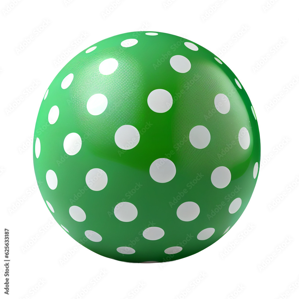 Glossy green rubber ball adorned with white polka dots, displaying a playful and vibrant look, isolated on a white background Ai generated image Glossy green rubber ball adorned with white polka dots, displaying a playful and vibrant look, isolated on a white background Ai generated image