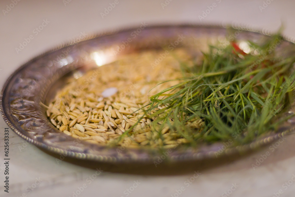Paddy or rice grains and durva grass kept on a plate for ashirvad ritual of hindu puja and other religious occassions like wedding. These elements are used for blessing the bride and groom.