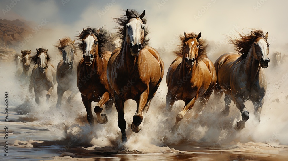 a painting of a group of horses running in the water. generative ai ...