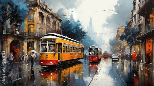  a painting of a street scene with a trolley and a car.  generative ai