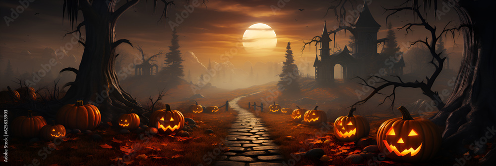 Halloween card, holiday attributes, pumpkins, candles and spiders. With Generative AI technology