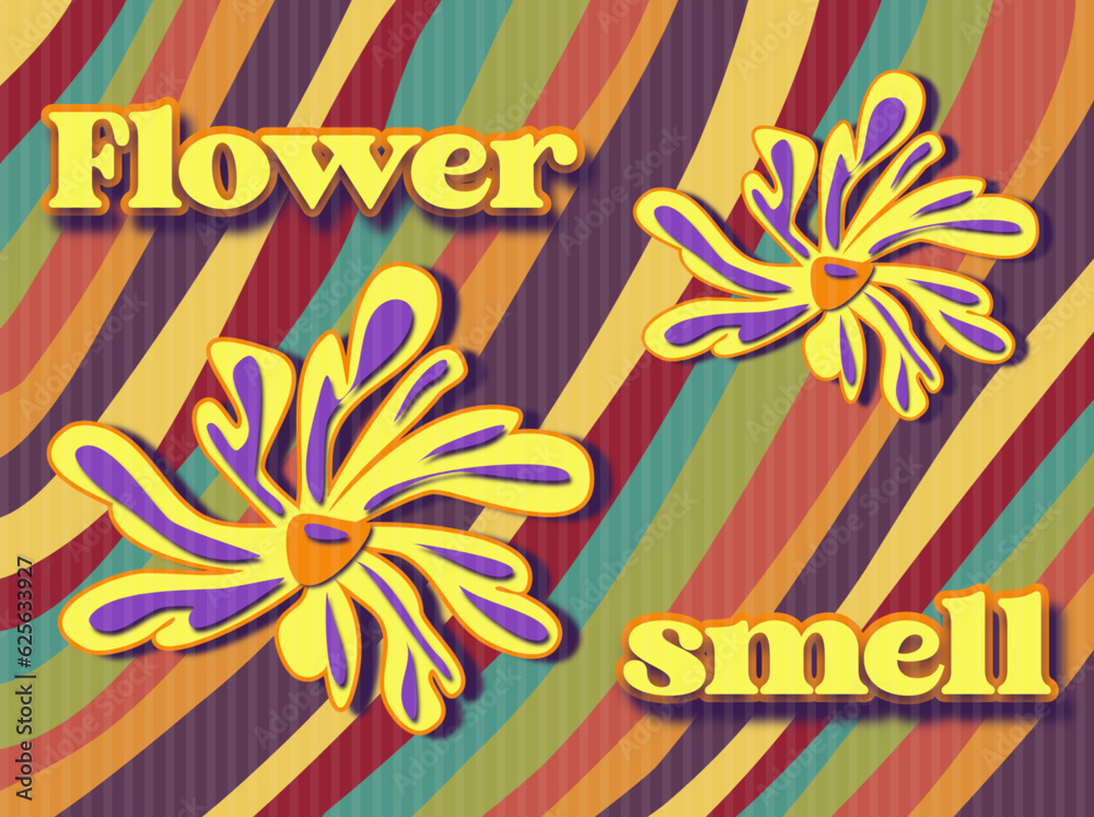 Retro background of the 70s. Abstract vintage background. Vector illustration in groovy style. Flower smell in hippie style