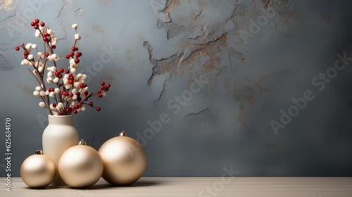 A white vase filled with gold christmas ornaments. Generative AI. .
