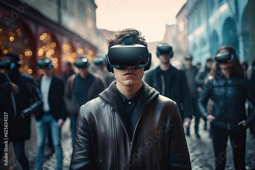 Escape from reality. Street with people in virtual reality glasses. Internet zombie generation.