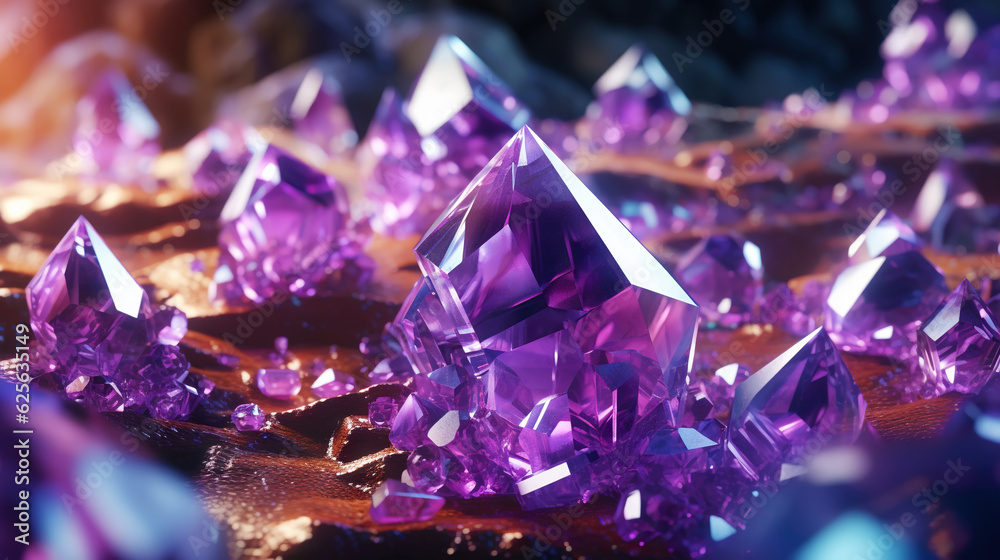 Amazing bright and shiny Amethyst crystal cluster background. Jewel mineral detailed macro. Generative AI Amazing bright and shiny Amethyst crystal cluster background. Jewel mineral detailed macro. Generative AI