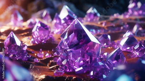 Amazing bright and shiny Amethyst crystal cluster background. Jewel mineral detailed macro. Generative AI