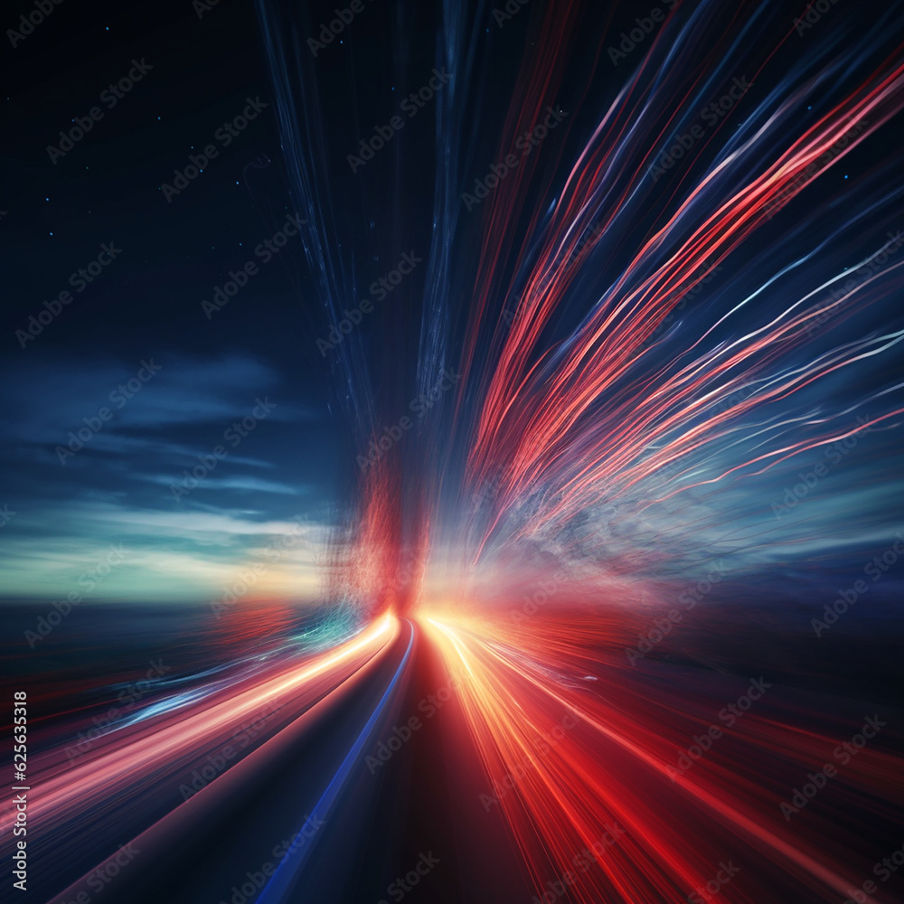 Futuristic high speed blurred light tail at night sky, Bright colors, color transitions and lines, creative background, colorful wallpaper 