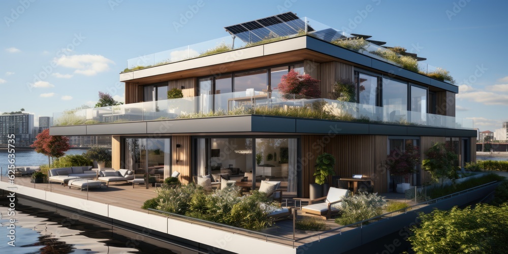 A floating house with a solar panel on the roof. Generative AI. . A floating house with a solar panel on the roof. Generative AI. .