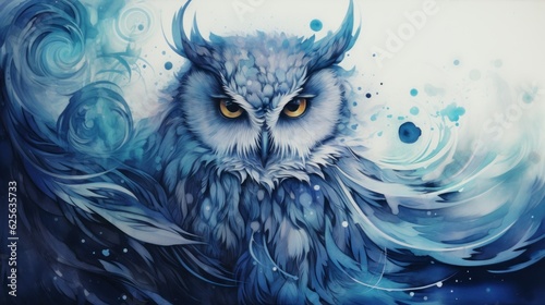 Majestic horned owl in winter with beautiful big yellow eyes and ice blue feathers, wallpaper background art illustration - generative AI