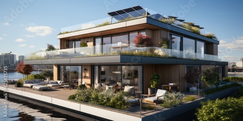 A floating house with a solar panel on the roof. Generative AI. .