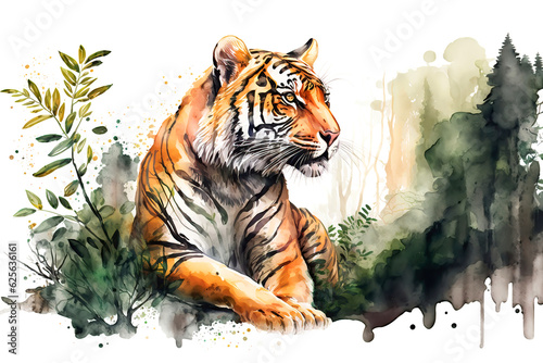 Wild tiger in the jungle forest, watercolor illustration generative AI © emilio100
