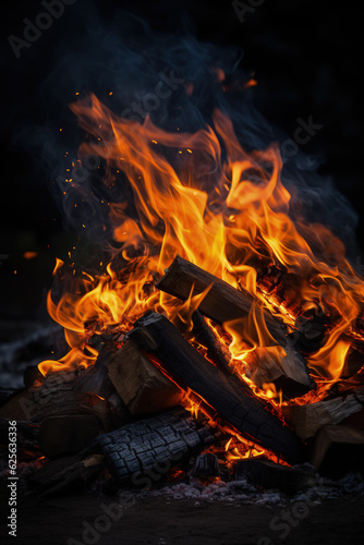 Bonfire with Open Flames and Burning Logs on Black Background