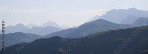Mountain ranges of the Bernese Oberland in the morning light seen from Vorder Walig, Switzerland.