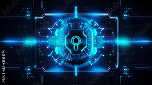 Future Technology Cyber Security. Neon Lightning HUD and Lock Icon Ensure Digital Data Network Protection. Generative AI