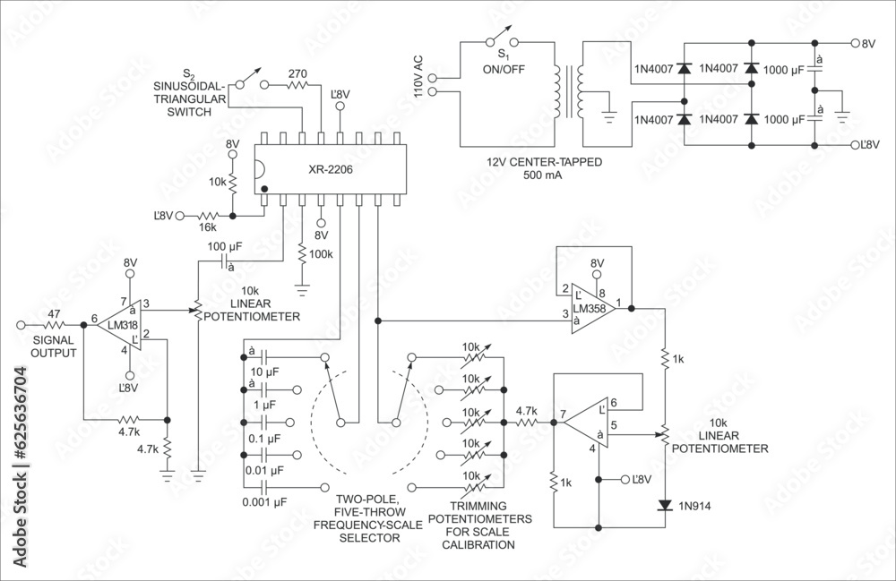 Vector drawing electrical circuit with operational
amplifier, capacitor, integrated circuit,
transformer, switch, diode, power supply
and resistor. Schematic diagram of electronic device. Vector drawing electrical circuit with operational
amplifier, capacitor, integrated circuit,
transformer, switch, diode, power supply
and resistor. Schematic diagram of electronic device.