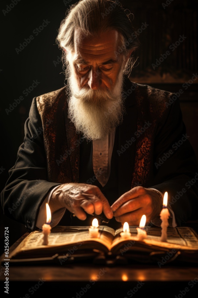 A man sitting at a table reading a book. Generative AI. Yom Kipur, Jewish High Holy Days. A man sitting at a table reading a book. Generative AI. Yom Kipur, Jewish High Holy Days.