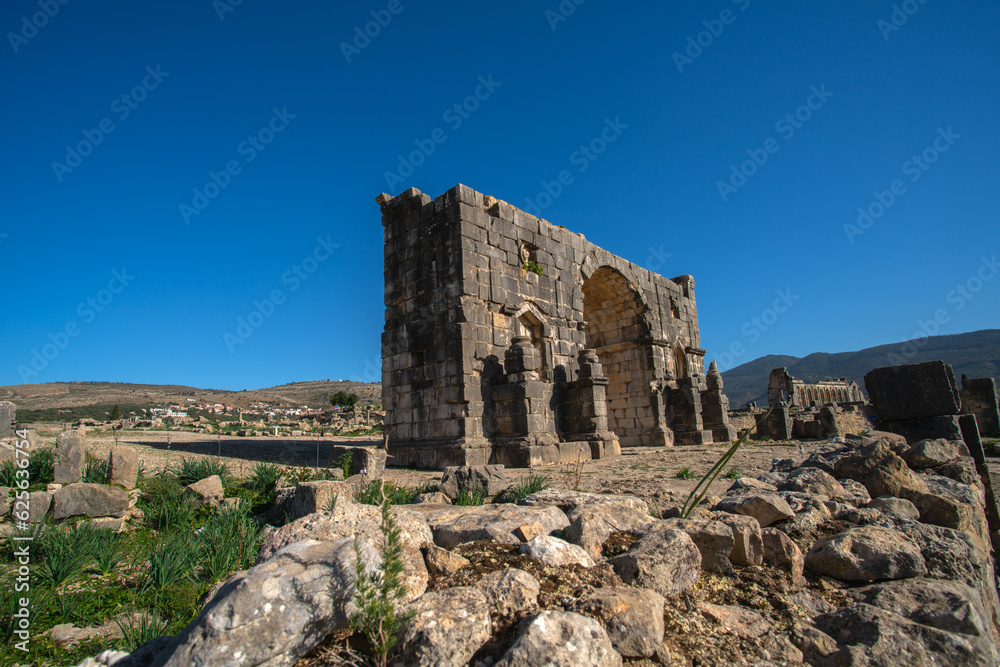 Volubilis ruins, a partly-excavated Berber-Roman city that may have been the capital of the Kingdom of Mauretania, situated near the city of Meknes, Morocco