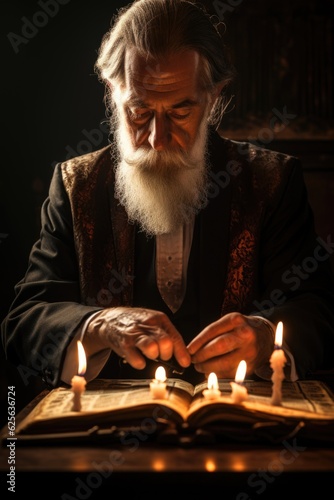 A man sitting at a table reading a book. Generative AI. Yom Kipur, Jewish High Holy Days.