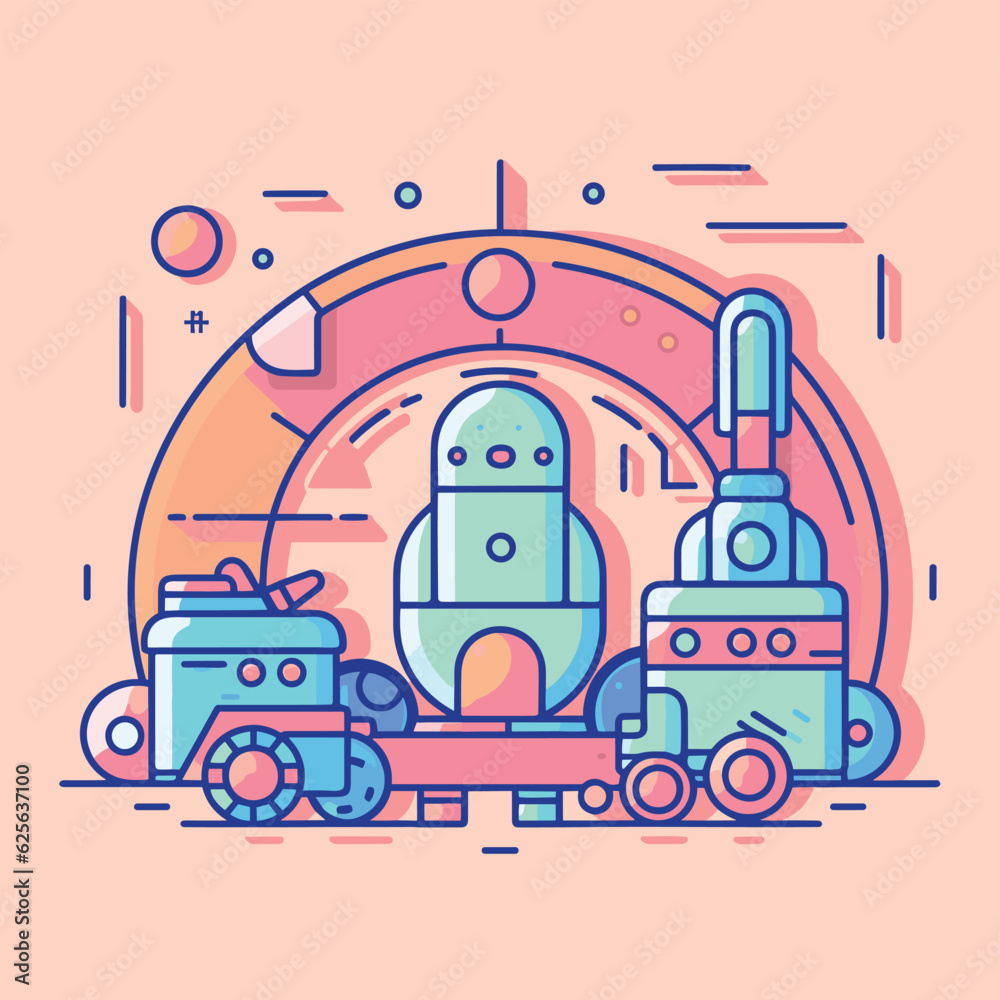 Vector of a vibrant and whimsical train with a rocket flying above it