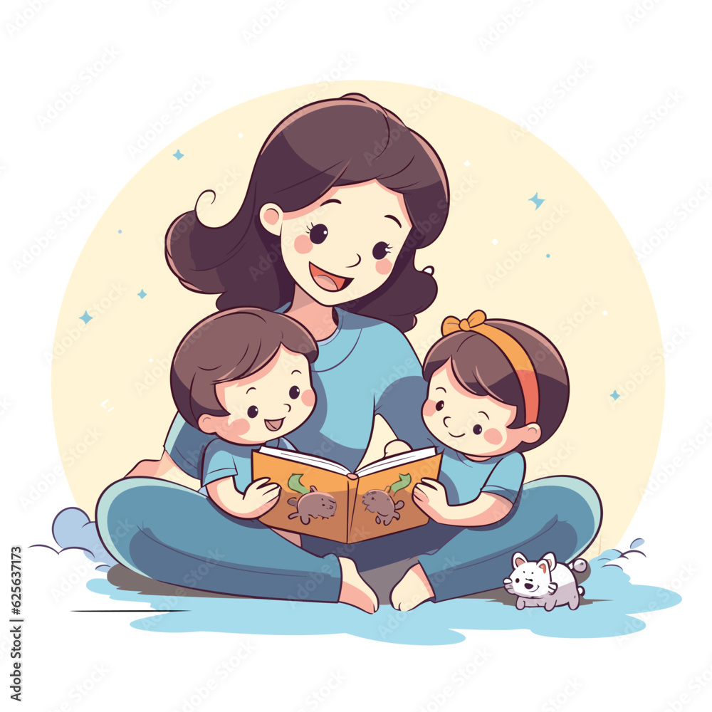 Vector of a woman reading a book to two childre Vector of a woman reading a book to two childre