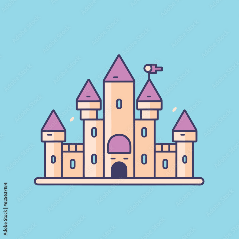 Vector of a vibrant and whimsical pink castle with purple turrets against a serene blue background