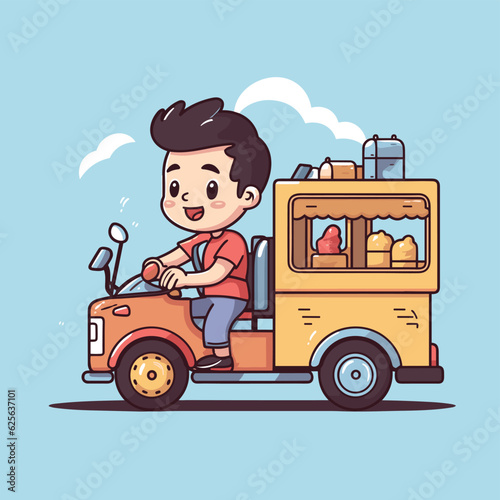 Vector of a man riding on the back of a yellow truck © Ilgun