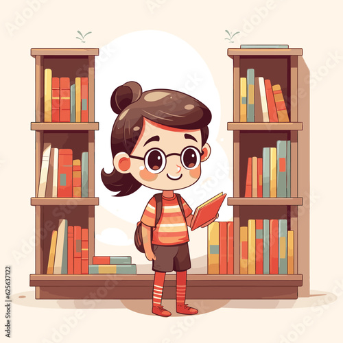 Vector of a girl absorbed in reading a book surrounded by a wall of books