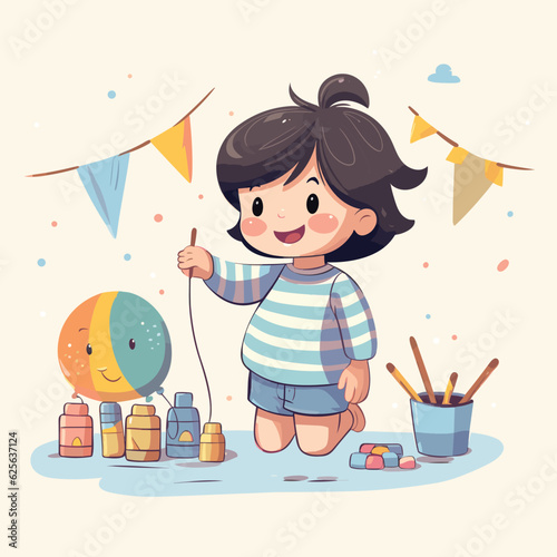 Vector of a joyful little girl playing with a vibrant balloon