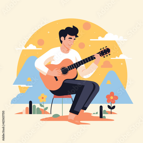 Vector of a man playing guitar while seated on a chair