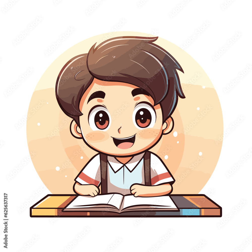 Vector of a young boy engrossed in reading at his desk Vector of a young boy engrossed in reading at his desk