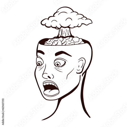 Vector doodle image with Humans head with open brain case with a cloud of a huge nuclear explosion. Mind Blowing concept.