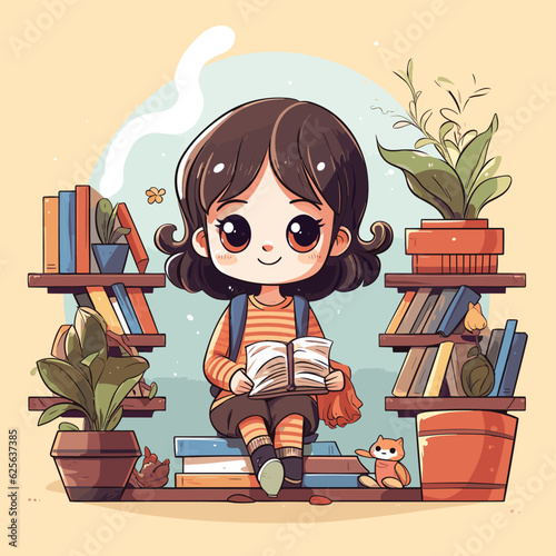 Vector of a young girl engrossed in reading a book on a bookshelf