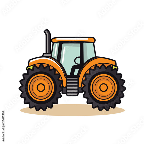 Vector of a flat orange tractor with large wheels on a white background