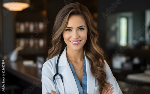 Portrait of health professional. Young woman in white apron and stethoscope hanging around her neck. Volumetric lighting with a minimalist and dark background. Copy space