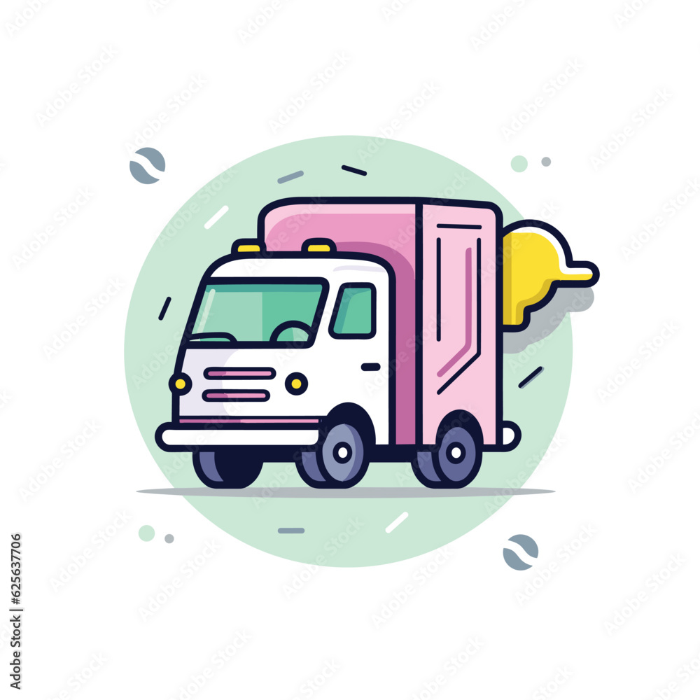Vector of a pink flatbed truck with a trailer attached