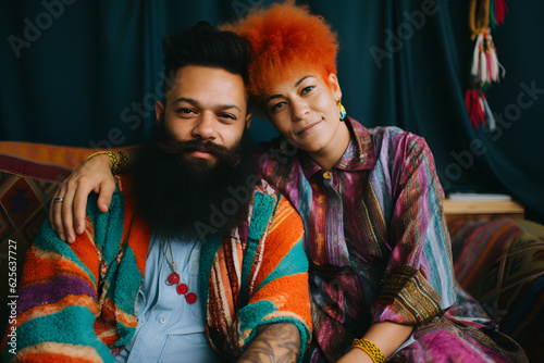 Hippie style middle aged Hindu couple hugging on sofa wearing colorful Indian clothes. The man has a long beard and the woman has orange hair. © AdrianGomezFoto